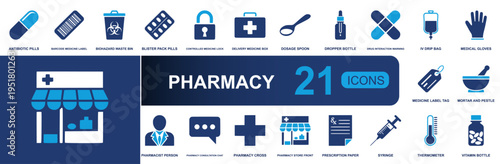 Pharmacy icon set. Containing pills, barcode label, blister pack, medicine lock, dosage spoon, IV drip, syringe, thermometer, vitamin bottle and more. Solid vector icons collection.