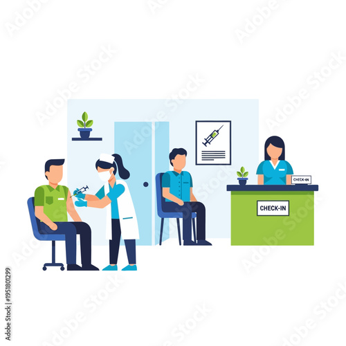 Vaccination clinic scene: Nurse administering injection to patient, people waiting, check-in desk