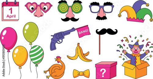 April Fool's Day prank prop and joke icon collection for holiday party decoration social media content humor campaigns and seasonal design