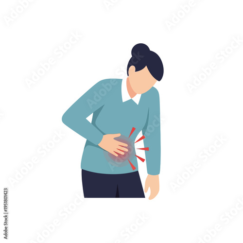 Woman with Stomach Pain Illustration: Abdominal Discomfort, Digestive Issues, Healthcare Concept