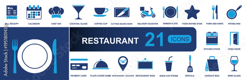 Restaurant icon set. Containing chef hat, dinner plate, kitchen stove, spatula, takeout bag, wine glass, payment card, delivery scooter and more. Solid vector icons collection for dining.