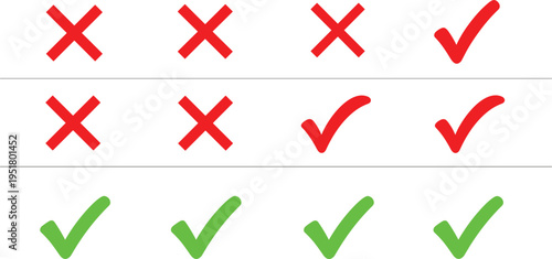 Check Mark and Cross Icon Set Vector Illustration with Green Tick and Red X Symbols for Approval Rejection Validation and User Interface Design