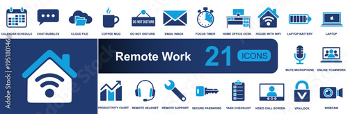 Remote work icon set. Containing schedule, chat, cloud file, email, focus timer, home office, laptop, online teamwork, headset, VPN lock, webcam and more. Solid vector icons collection.