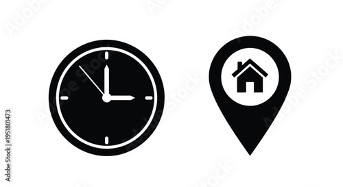 Black clock and house location icon set minimalist vector silhouette