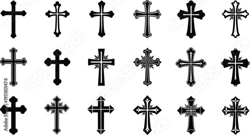 Christian Cross Icon Set Vector Illustration with Religious Crucifix Symbols Collection for Church Faith Spirituality and Sacred Design Elements
