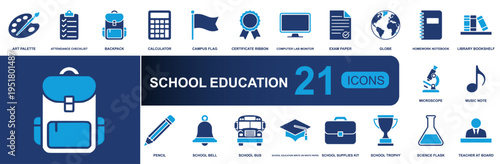 School education icon set. Containing backpack, exam, homework, bus, pencil, bell, globe, microscope, flask, trophy, graduation cap and more. Solid vector icons collection for learning.