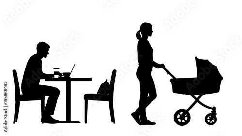 Silhouettes of working parent, baby care, stroller, business, family life