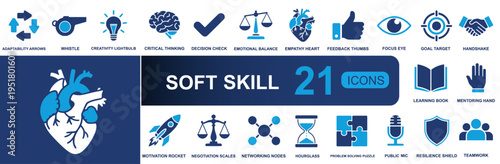 Soft skill icon set. Containing adaptability, creativity, critical thinking, empathy, teamwork, mentoring, negotiation, resilience, feedback and more. Solid fill vector icons collection.