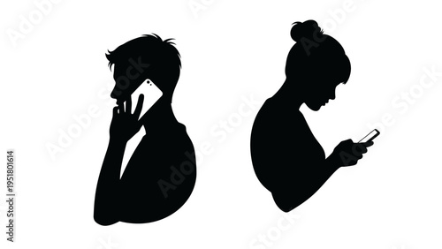 Black silhouettes, people using phones, mobile phone users, communication icons, social interaction