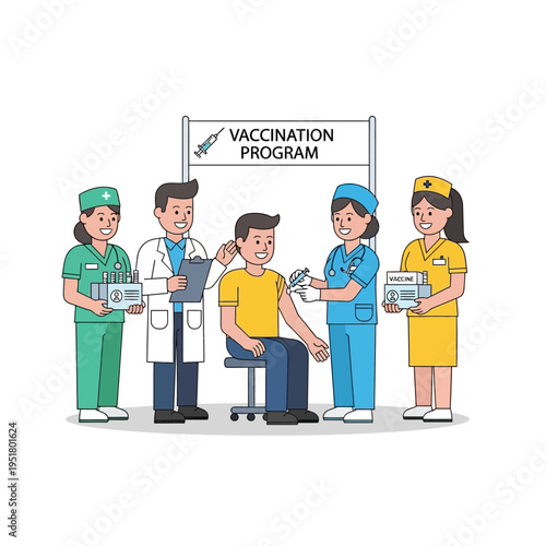 Doctor and nurses administering vaccine to patient, vaccination program concept