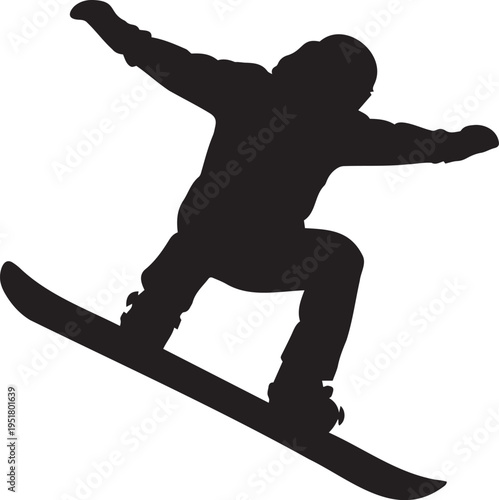 Snowboarder in motion silhouette against white background