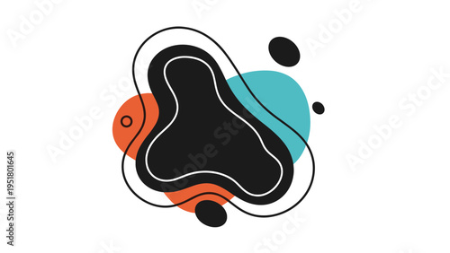 Abstract composition consists of organic blob shapes in black, orange, and blue colors with fine line accents on a white background.