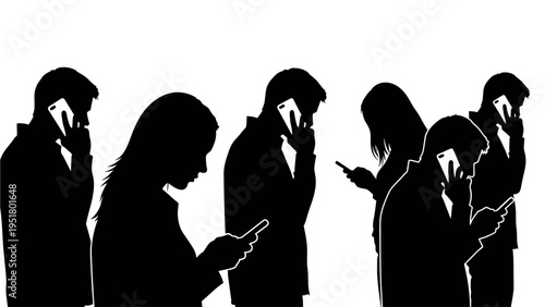 Black silhouettes, people using smartphones, mobile phone addiction, isolated on white background, vector graphics