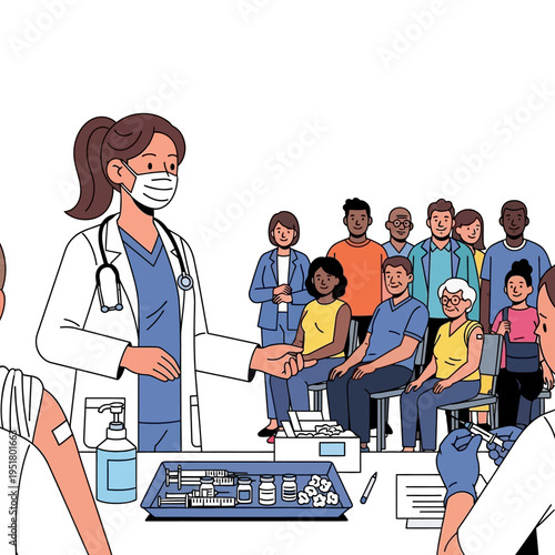 Doctor Administering Vaccine to Diverse Group of People in Clinic Setting