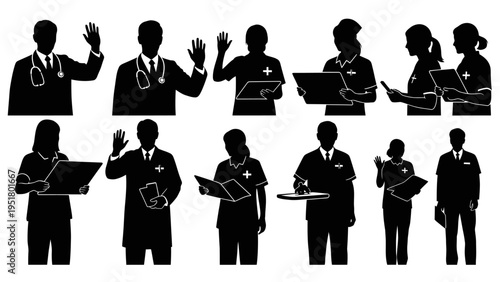 Business Professionals, Medical Staff, Doctor, Silhouette Icons, Black and White, Vector Graphics