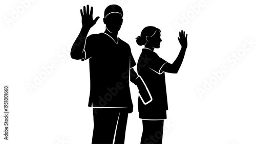 Medical professionals, doctors, nurses, healthcare workers, black silhouettes, vector icons