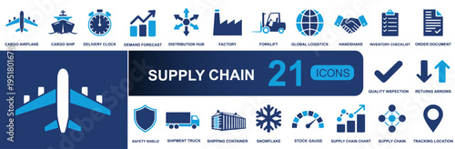 Supply chain icon set. Containing cargo, delivery, factory, forklift, inventory, truck, container, tracking, logistics, distribution, orders and more. Solid fill vector icons collection.