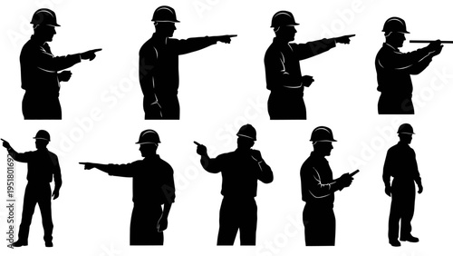 Construction worker silhouettes, laborer icons, builder graphics, 8 worker figures
