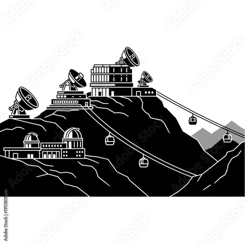 Mountain Observatory with Telescopes and Cable Car System Illustration.