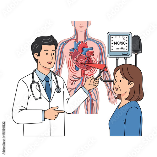 Doctor examining patient's heart health with blood pressure monitor and circulatory system diagram