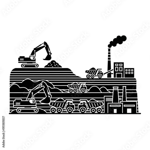 Monochrome Illustration of an Open-Pit Mine with Heavy Machinery.
