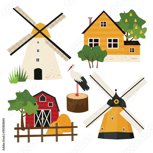Set of vector illustrations of the village of Meltsy, hay, and a stork