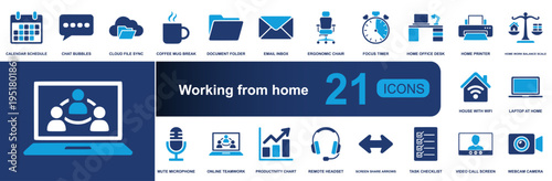 Working from home icon set. Containing calendar, chat, file sync, coffee break, email, printer, wifi, laptop, teamwork, productivity, video call and more. Solid vector icons collection.