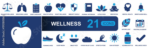Wellness icon set. Containing balance, breathing, habits, health, immunity, journal, yoga, meditation, sleep, fitness, vitamins, routine, mindfulness and more. Solid vector icons collection.