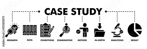 Case study banner web glyph vector illustration concept with icon of research, data, conditions, examination, method, in-depth, analyzing, and result