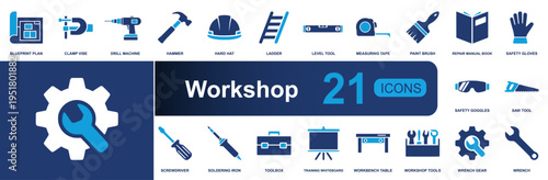 Workshop icon set. Containing hammer, drill, toolbox, hard hat, ladder, wrench, saw, screwdriver, measuring tape, workbench, safety gear and more. Solid vector icons collection for repair.