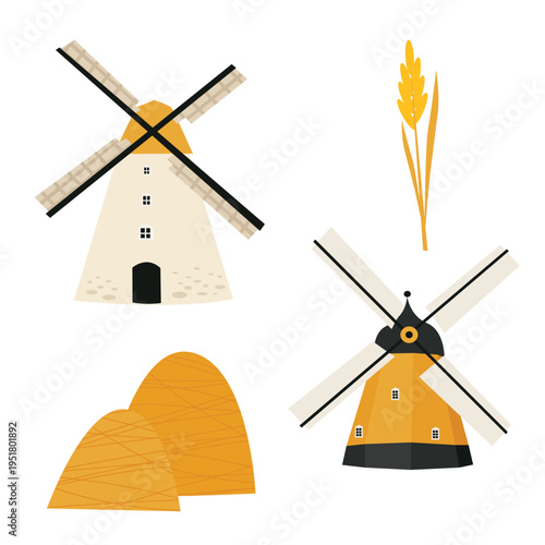 Set of vector illustrations of the village of Meltsy, hay