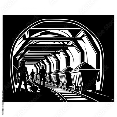 Monochrome Illustration of Coal Miners Working in a Mine.