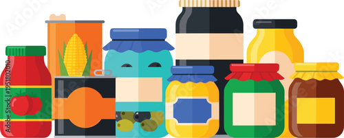 Food Jar and Canned Products Vector Illustration with Preserved Vegetables Sauces and Pickled Goods Packaging for Grocery and Kitchen Storage Design