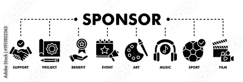Sponsor banner web glyph vector illustration concept with icon of support, project, benefit, art, event, music, sport, and film
