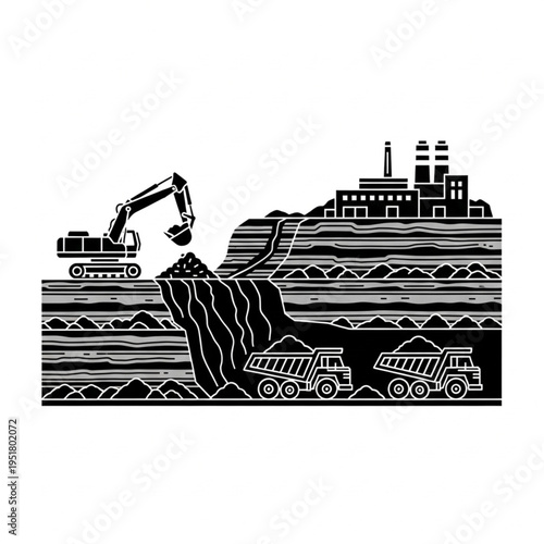 Monochrome illustration of open-pit mining with heavy machinery and factory.