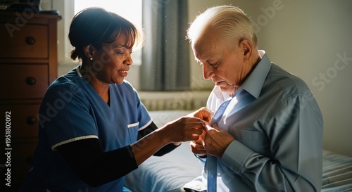 Medical nurse helping senior patient in hospital ward. Concept of elderly care dementia support and compassion.