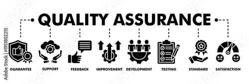 Quality assurance web glyph vector illustration concept with icon of guarantee, support, feedback, improvement, development, testing, standard, satisfaction