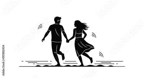 Couple joyfully running hand in hand a striking black silhouette