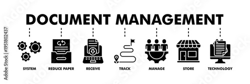 Document management banner web glyph vector illustration concept with icon of system, reduce paper, receive, track, manage, store, cloud and technology