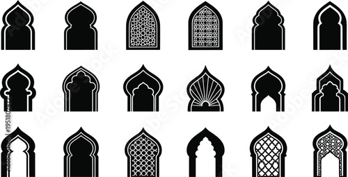Islamic Arch Window Icon Set Vector Illustration with Arabic Mosque Archways Traditional Architecture Patterns and Decorative Design Elements Collection