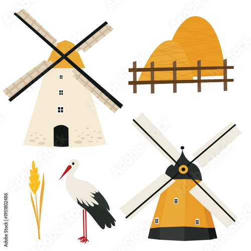 Set of vector illustrations of the village of Meltsy, hay, and a stork