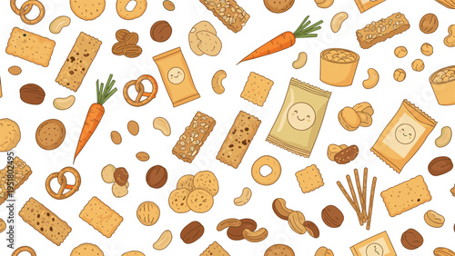Playful seamless pattern featuring a delightful assortment of healthy snacks, including granola bars, crackers, pretzels, nuts, and carrots, with cute packaging.