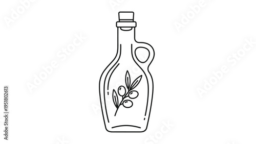 Simple minimalist line art illustration of an olive oil bottle, elegantly featuring a fresh olive branch inside, symbolizing purity and natural essence.