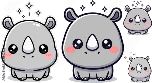 Set of 4 cartoon rhino stickers vector