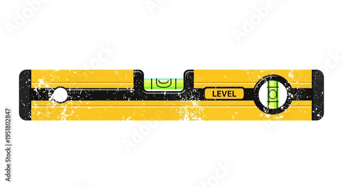 Yellow spirit level tool with bubble indicators, isolated on white background.