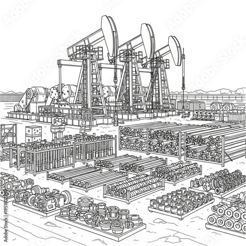 Monochrome Oil Field and Urban Agriculture Fusion Illustration.