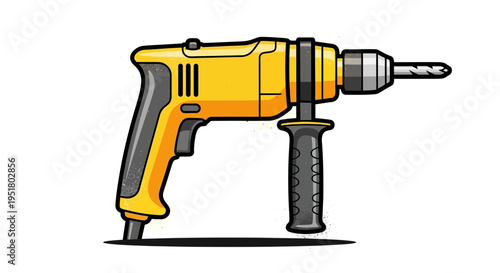 Yellow power drill with auxiliary handle, isolated on white background.