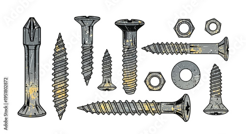 Assortment of metal screws, nuts, and washers isolated on white.