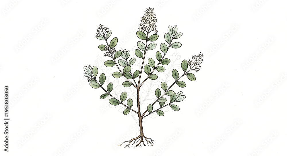 Fototapeta premium Detailed botanical illustration of a flowering plant with roots and leaves