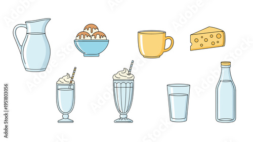 Diverse collection of dairy-related products, featuring a pitcher of milk, ice cream, cheese, milkshakes, and glasses of milk, for food themes.